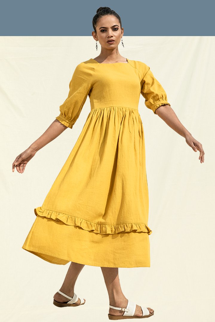 Womens Pure Cotton Fit and Flare Dress Yellow