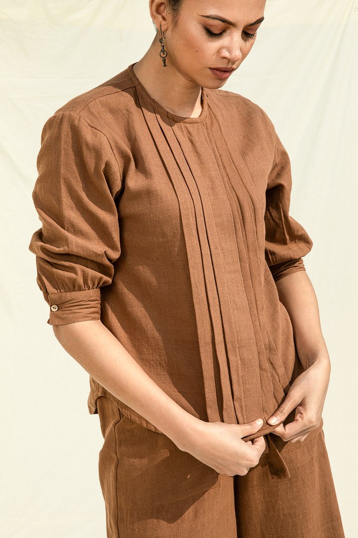Shop Handwoven Organic Cotton Pleated Button Down Top- Brown